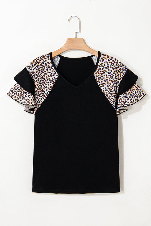 Black Leopard Print Patchwork Ruffled Sleeve V Neck T Shirt